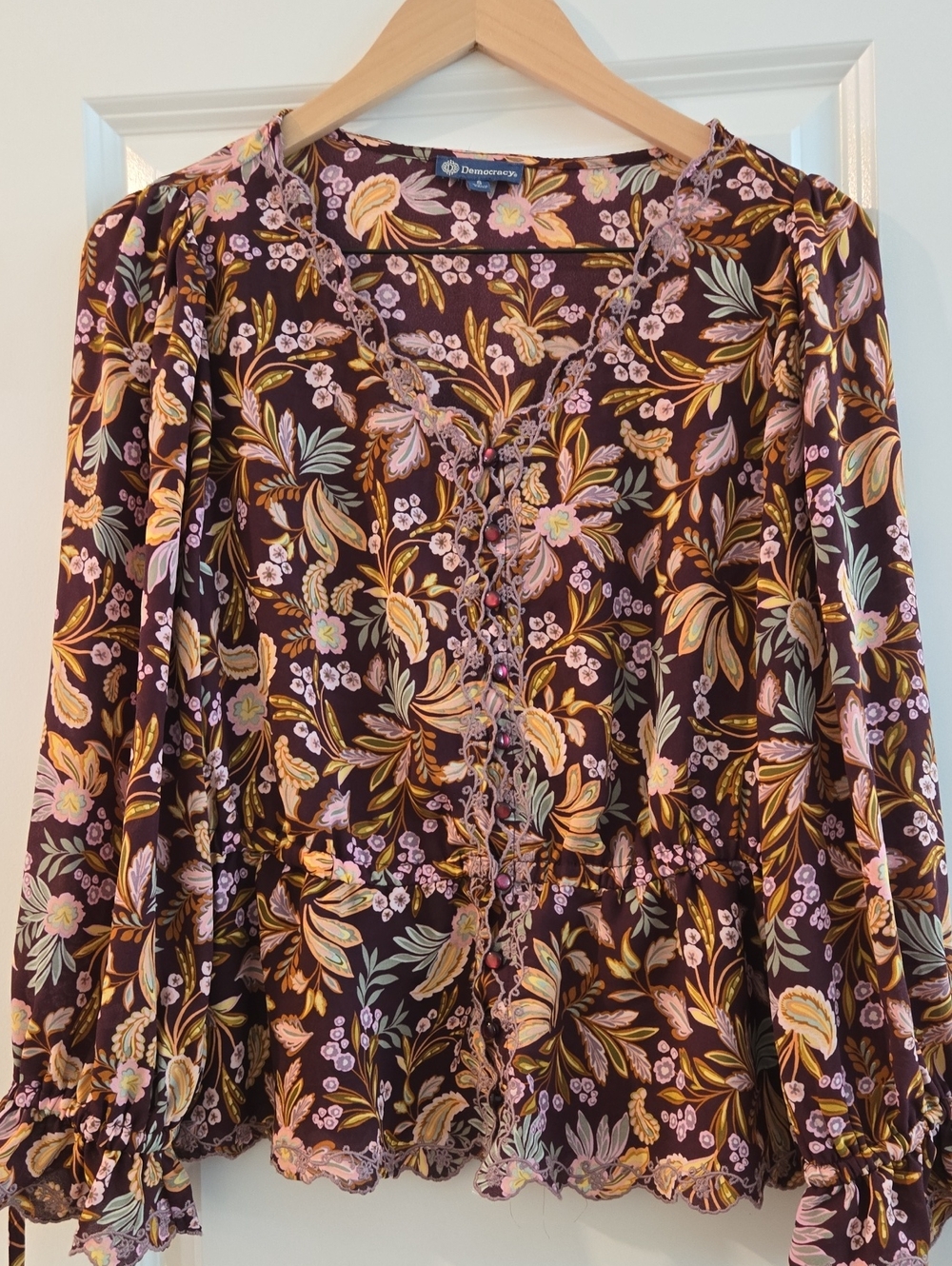 EUC Democracy Plum Multi Floral Lace-Trim Blouse